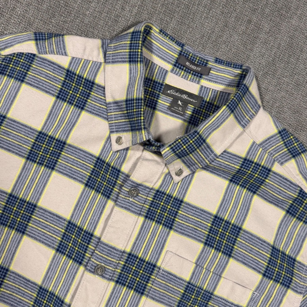 Eddie Bauer Plaid Button Down Shirt XL Relaxed Fit Blue Yellow Cotton